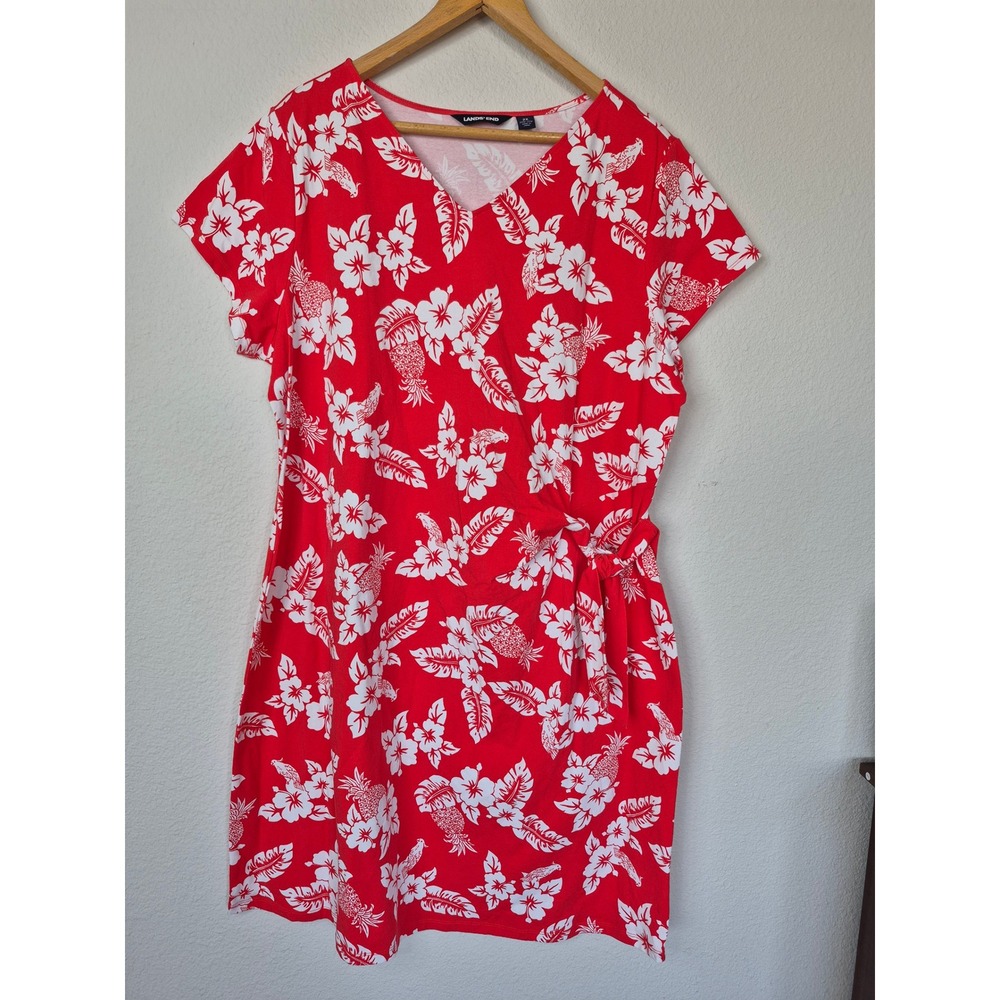 Land's End Red White Tropicalā Floral Side Tie V-Neck Dress Size 2X